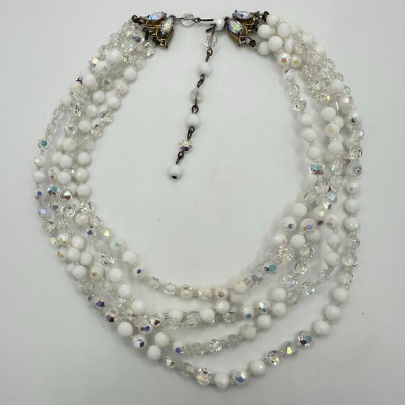 1950s vintage aurora borealis clear milk glass 5 multi strand beaded necklace - Picture 1 of 9